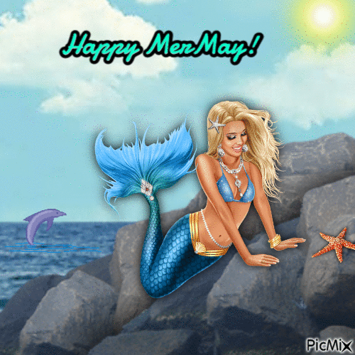 Mermaid and starfish on rock - Бесплатный анимированный гифка