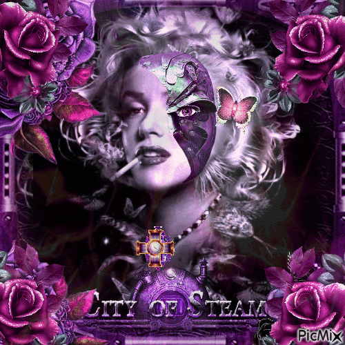 Steampunk de Marilyn Monroe con rosas en tonos lila - Бесплатный анимированный гифка
