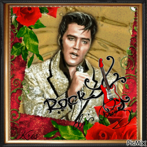 Portrait romantique d'Elvis en rouge, doré et noir - GIF animé gratuit