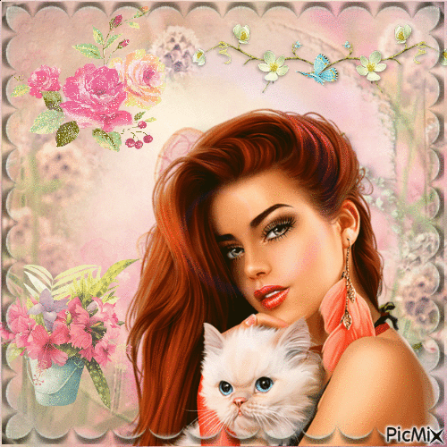 Femme avec un chaton et des fleurs - Besplatni animirani GIF