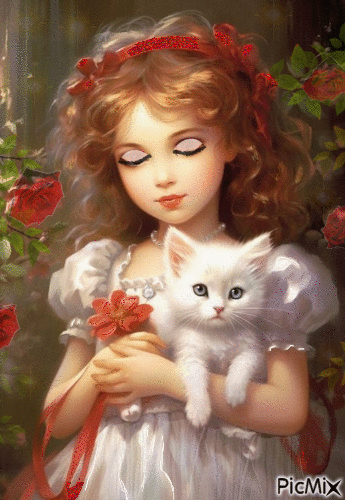 Petite fille avec un chat blanc - Free animated GIF