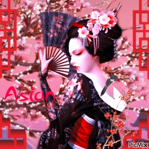 Concours ...Femme asiatique avec un éventail et sakura - Бесплатный анимированный гифка