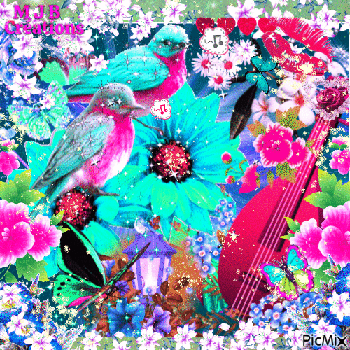 .. Fleurs , Oiseaux et Papillons ..M J B Créations - Animovaný GIF zadarmo