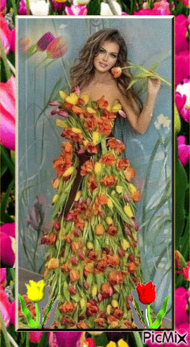 femme avec une robe  tulipes - Gratis geanimeerde GIF