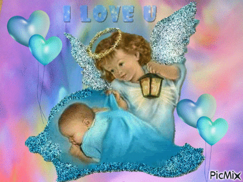 LITTLE BOY AND LITTLE GIRL SPARKLING IN BLUE A BLUE I LOVE U 4 BLUE HEART BALLONS, A PINK , I ORANGE, AND PURPLE BACKGROUND - Gratis animerad GIF