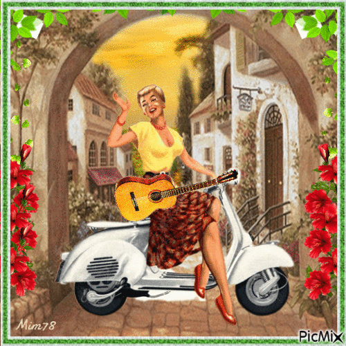 Femme sur une moto avec une guitare - GIF animasi gratis