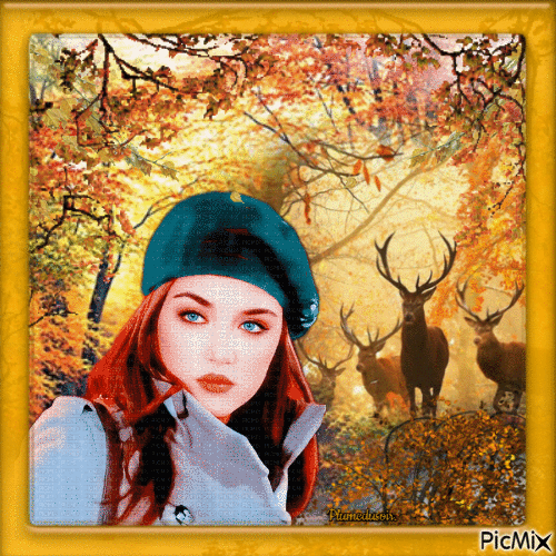 Femme rousse en automne avec un béret. - GIF animado gratis