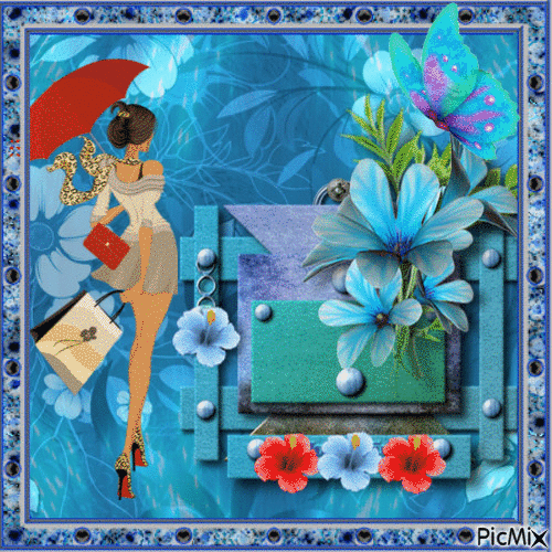 Portrait Woman Spring Flowers Deco Colors Glitter Glamour Blue - Free animated GIF