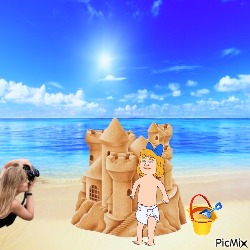 Baby, sandcastle and photographer - ilmainen png