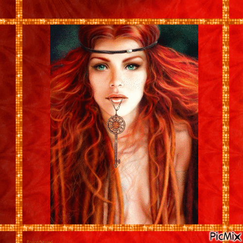 Frau mit rotem Haar und Schlüssel - Безплатен анимиран GIF
