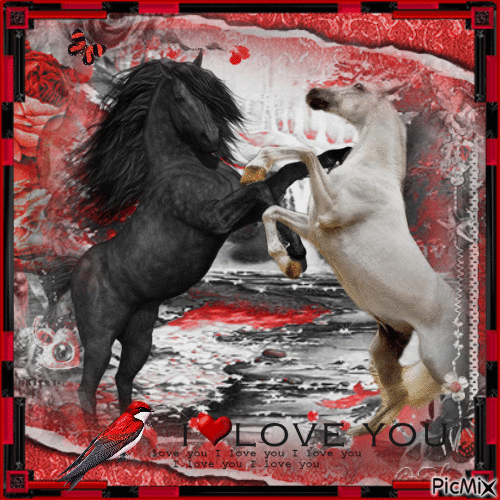 Horses - Black, white and red tones - GIF animado grátis