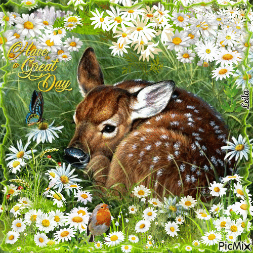Have a Great Day. Deer in a field of daisies - GIF animé gratuit