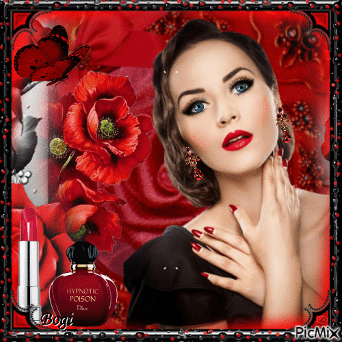 A floral portrait in red... - Бесплатный анимированный гифка