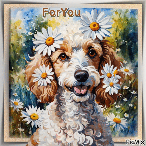 Vintage dog, daisies, For You text - Free animated GIF