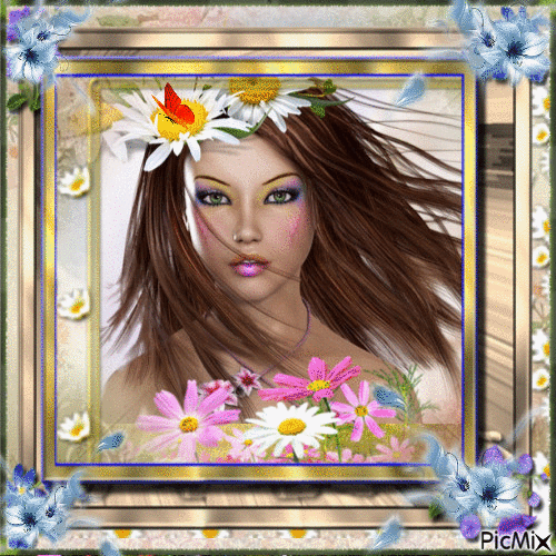 Portrait Woman Spring Flowers Butterfly Deco Glitter - Free animated GIF