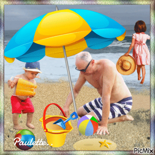 grand père et enfants a la plage - GIF animé gratuit