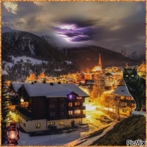 Concours : Un chat erre la nuit dans un village de montagne - GIF เคลื่อนไหวฟรี