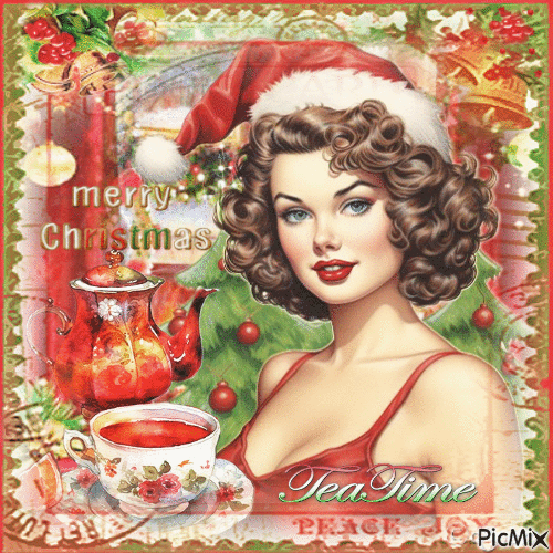 Christmas tea vintage woman - Бесплатни анимирани ГИФ