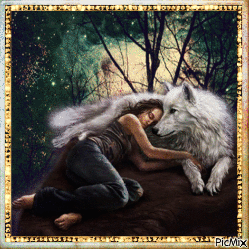Woman with White Wolf - GIF animado grátis