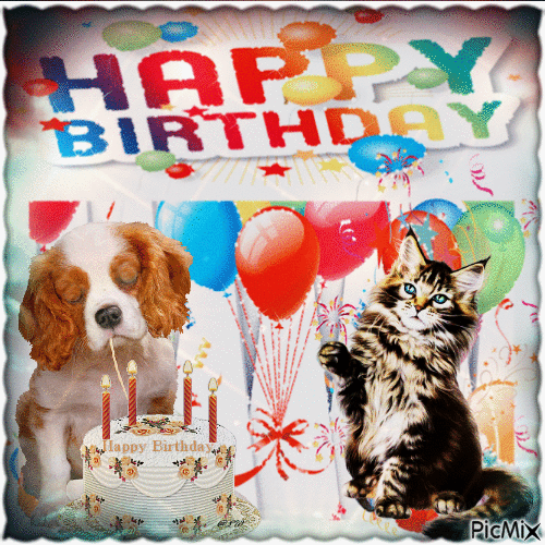 Alles Gute zum Geburtstag mit Hund und Katze - Darmowy animowany GIF