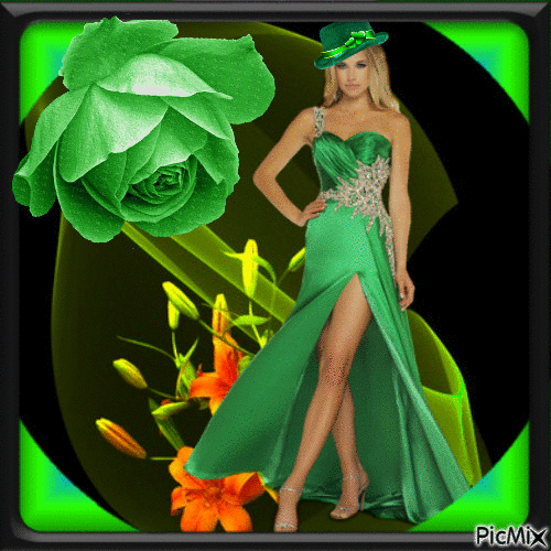 Robe, chapeau et fleurs en vert - Gratis animerad GIF
