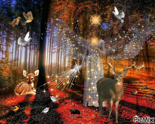 Light Angel guardening the animals i the forest - Бесплатни анимирани ГИФ