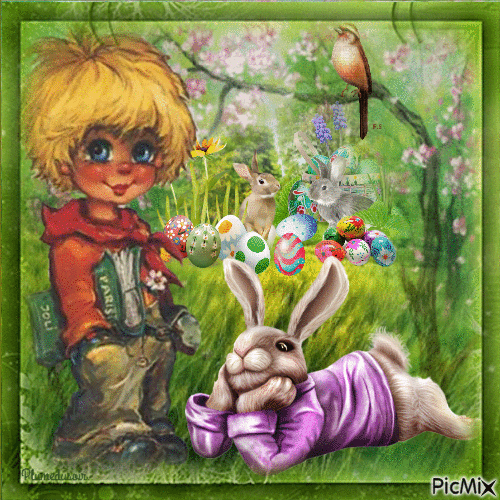 Poulbot-Pâques avec un lapin. - Ingyenes animált GIF