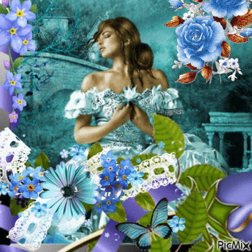 Femme en bleu entourée de fleurs bleues - Gratis animeret GIF