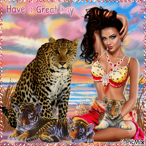 Tigers with woman on the beach. Great Day - Gratis animerad GIF