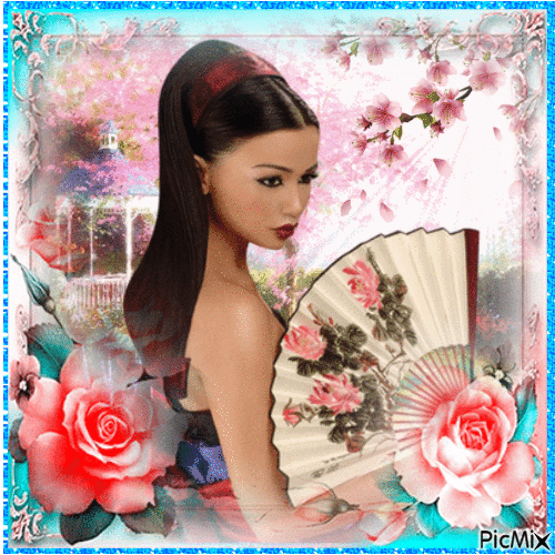 lady with fan - spring - Free animated GIF