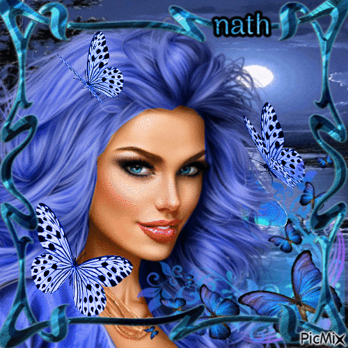 femme et papillons bleu,nath - Безплатен анимиран GIF