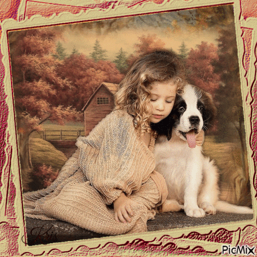 Petite fille avec un chien - Gratis animerad GIF