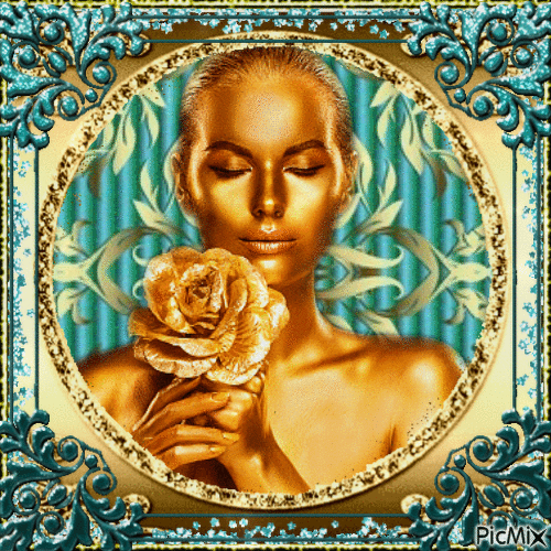 Gold and turquoise woman portrait - Free animated GIF