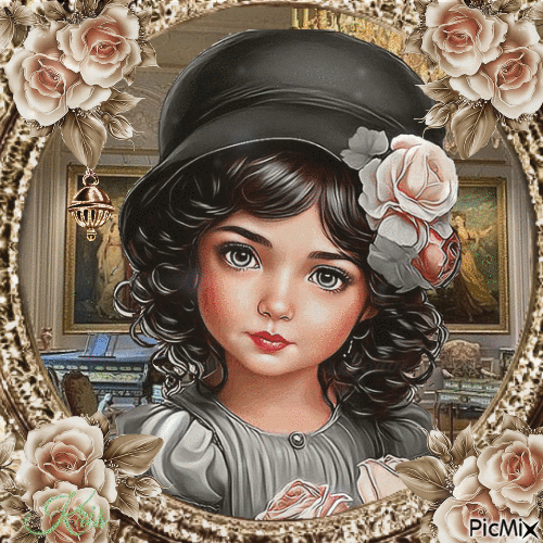 Portrait vintage d'un(e) enfant avec des roses - Безплатен анимиран GIF