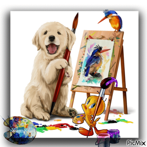 O cão pintor - Бесплатный анимированный гифка