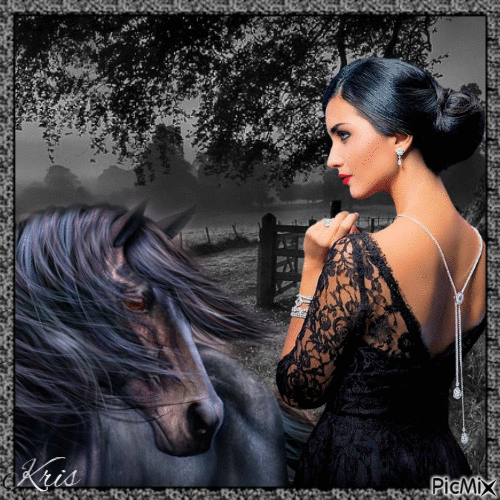 portrait d'une femme et d'un cheval noir💖🌼 - GIF animé gratuit