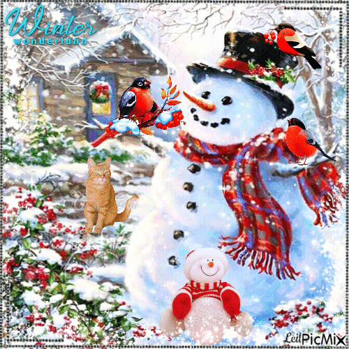 Winter wonderland. Winterbirds and the snowman - Бесплатный анимированный гифка