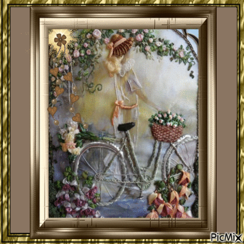 Menina  a bicicleta e flores - GIF animé gratuit
