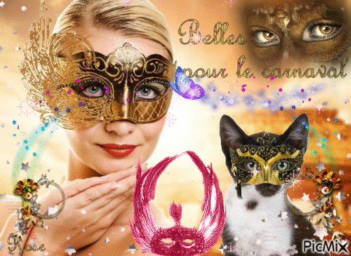La belle et le chat au carnaval - Бесплатный анимированный гифка