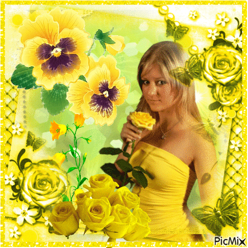 Woman with yellow flowers - Бесплатный анимированный гифка