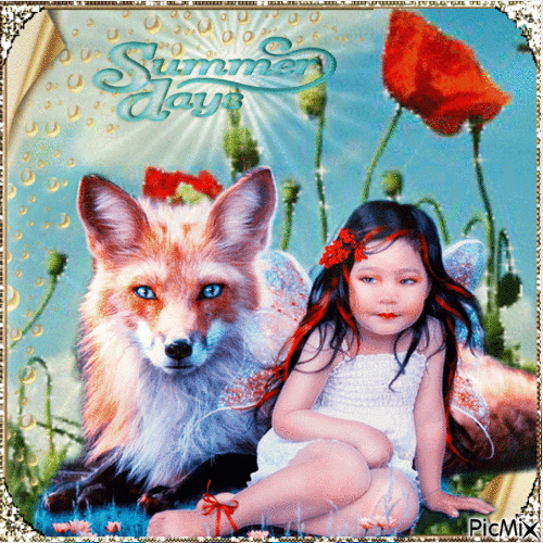 Kleines Mädchen und ein Fuchs im Sommer - Free animated GIF