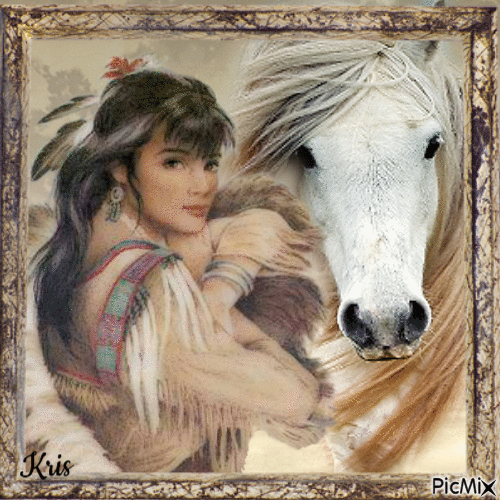 Indienne et cheval en aquarelle - GIF animé gratuit