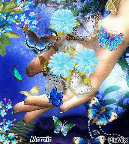 papillon et fleur bleu - GIF animado grátis