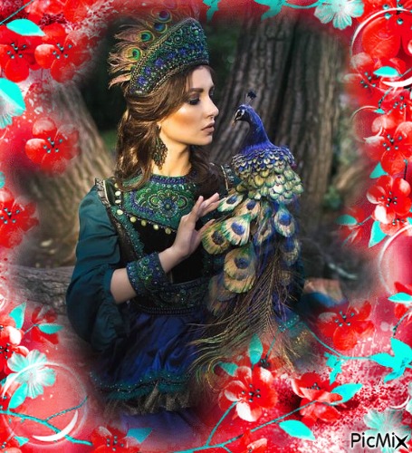 woman with peacock - gratis png