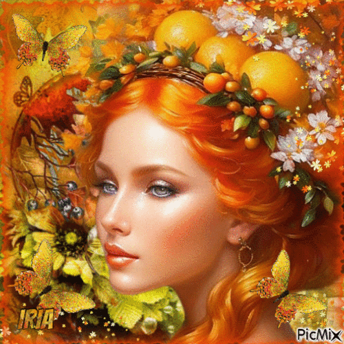 Portrait de femme en orange et jaune - 無料のアニメーション GIF