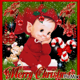 LITTLE ELF WONDERING WHAT SANTA IS GETTING HIM FOR CHRISTMAS WITH A MOUSE AND ALL THE GLITTER AND GREENERY OF CHRISTMAS. - GIF animate gratis