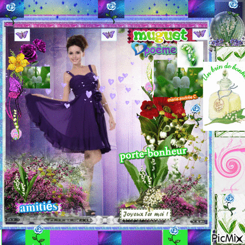 Une jeune belle femme - mauve § "Muguet" - Poème . Fleurs . Printemps - Free animated GIF