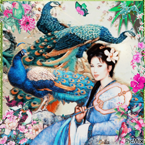 Asian woman with birds - Free animated GIF