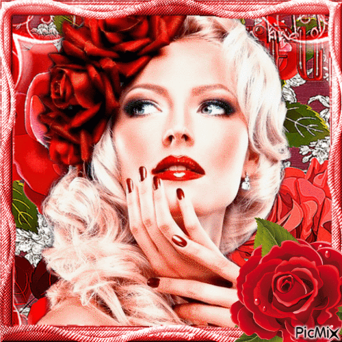 Portrait de femme blonde avec des roses rouges - Besplatni animirani GIF