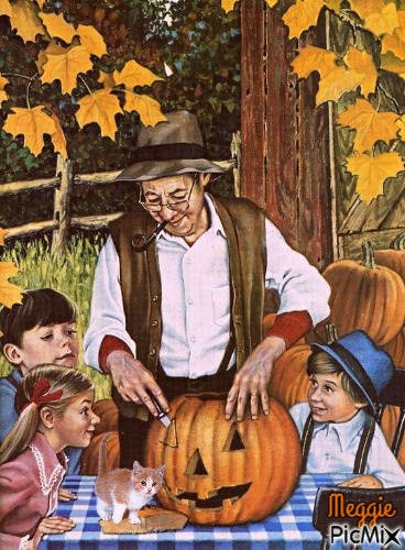 with grandpa making a the jack o lantern - 免费PNG